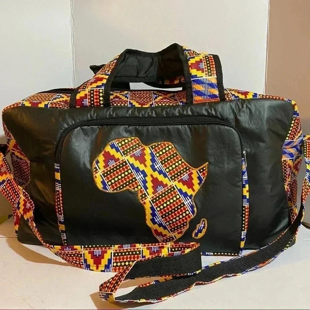 Handcrafted unisex Ankara print vinyl leather duffel weekend travel bag